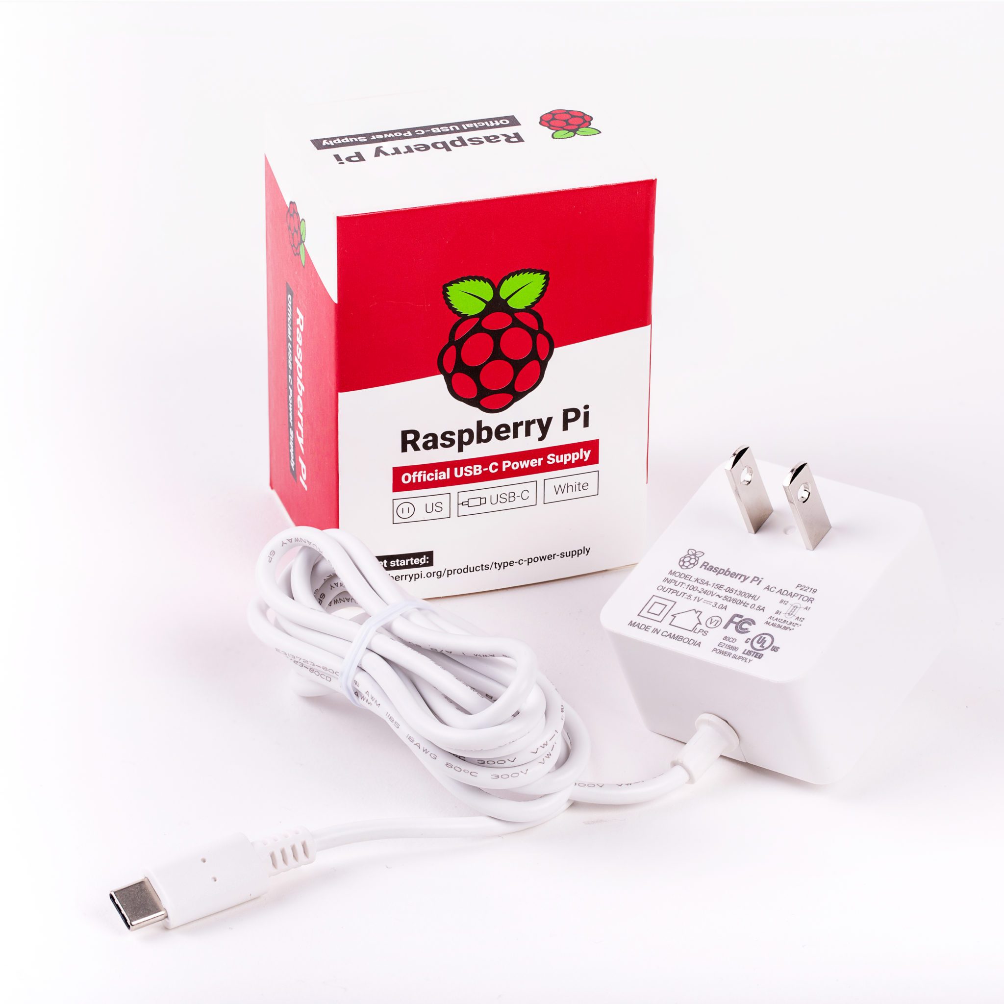 Official Raspberry Pi USB-C Power Supply – 5V 3A - White - US